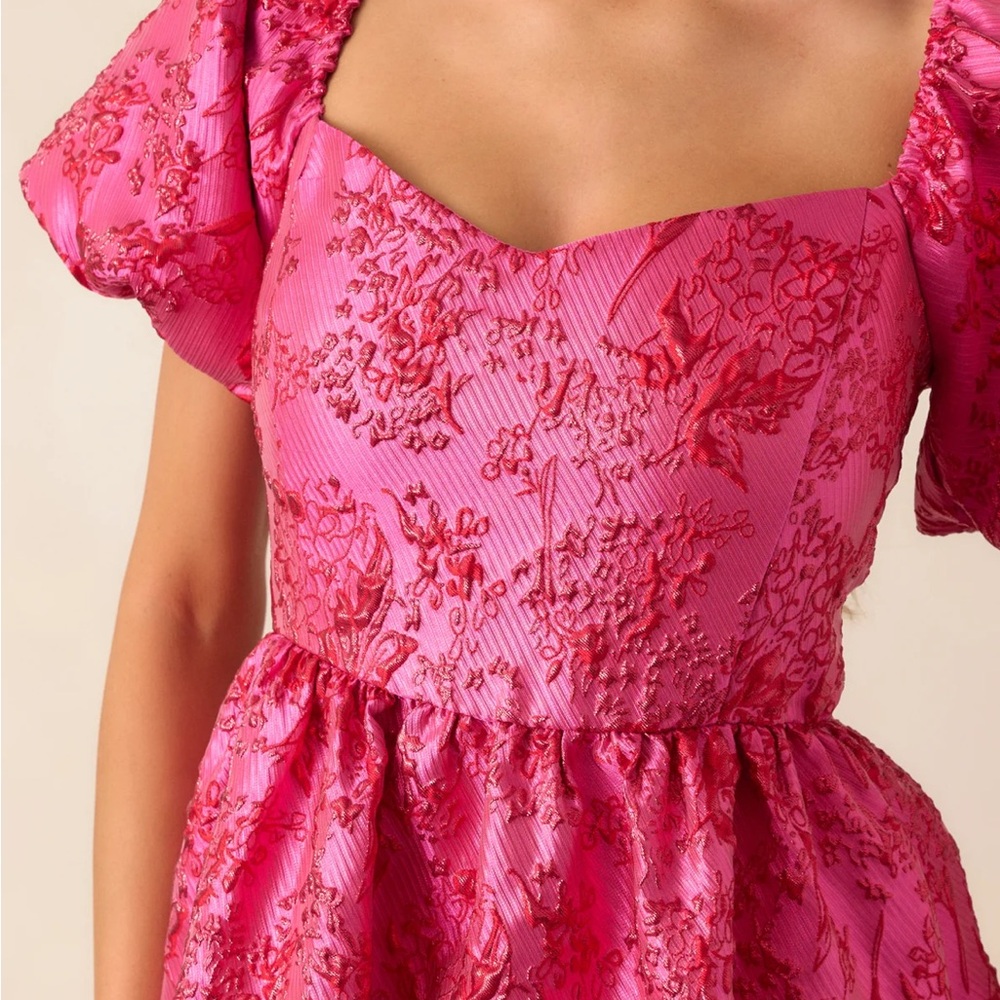 Sugarlips Pink Jacquard Puff-Sleeve Midi Dress - Picture 2 of 7
